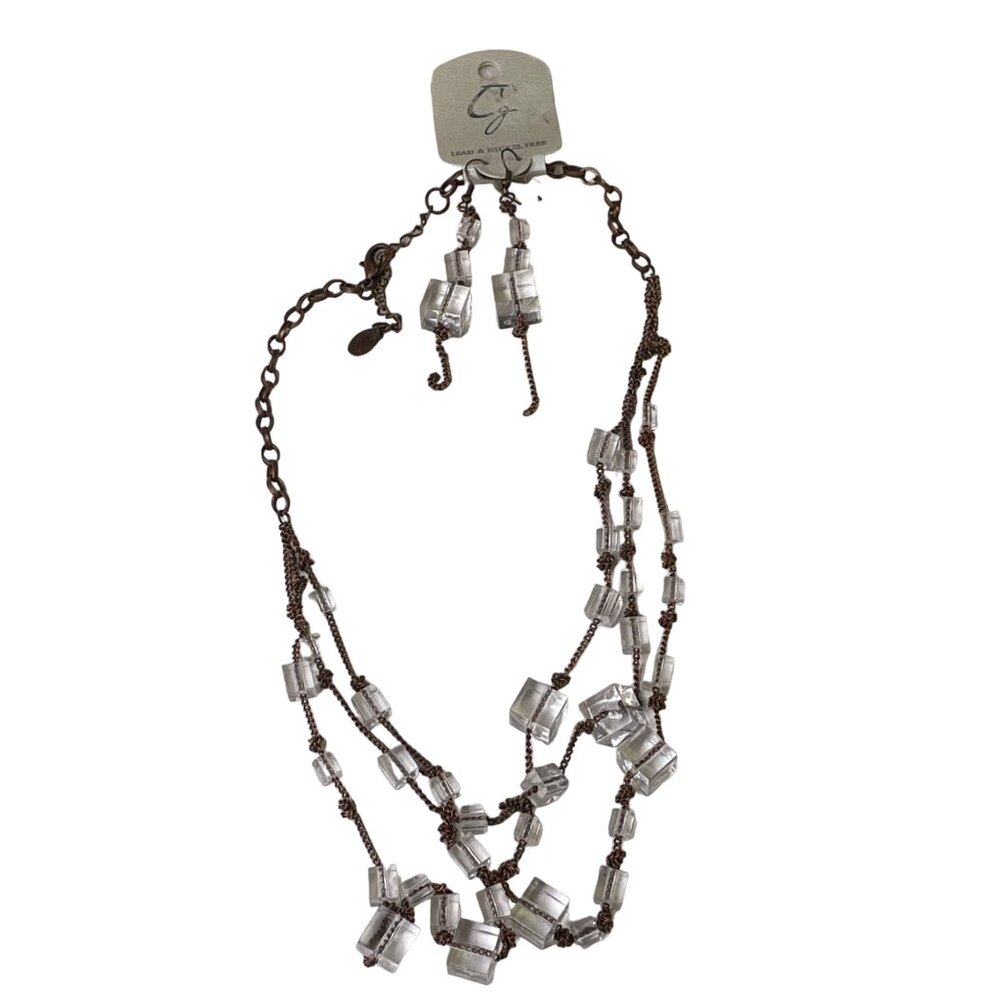 Chunky Statement Necklace Earrings Set Acrylic Copper Chain Art Deco Jewelry u